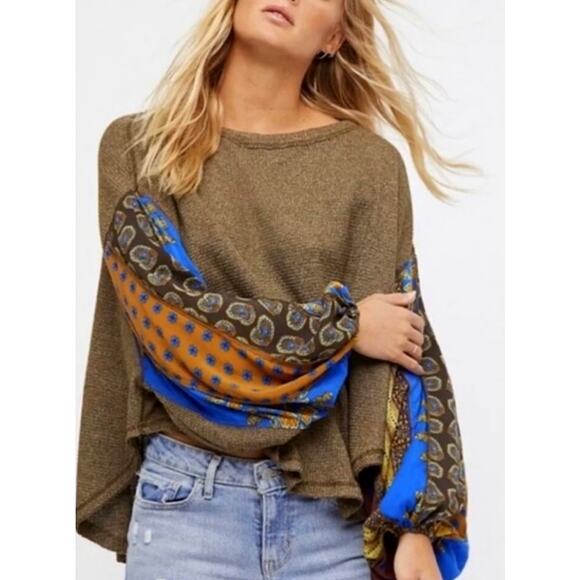 Free People BLOSSOM Oversized Printed Thermal Top Dolman Sleeves Olive Combo M - Picture 5 of 13